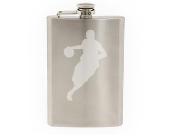 Sport Silhouette - Basketball Player Dribbling Version 2- Etched 8 Oz Stainless Steel Flask