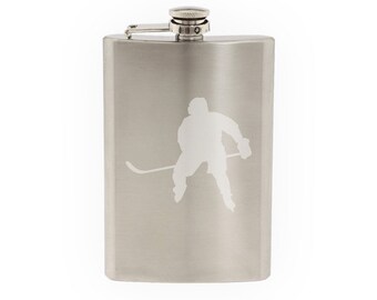 Hockey Silhouette- Player Varsity Professional League #6- Etched 8 Oz Stainless Steel Flask