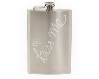 Love Doodle Art #10 - Kiss Me Hearts- Valentine Affection- Etched 8 Oz Stainless Steel Flask