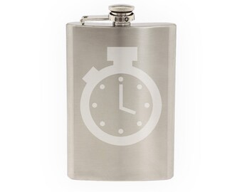 Fitness Gym Art #11 - Stopwatch Lap Healthy Encouragement  - Etched 8 Oz Stainless Steel Flask