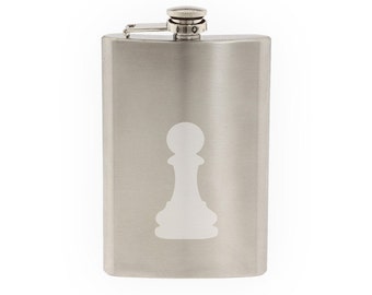 Chess Icon Champion - Pawn Piece Silhouette Shadow - Etched 8 Oz Stainless Steel Flask
