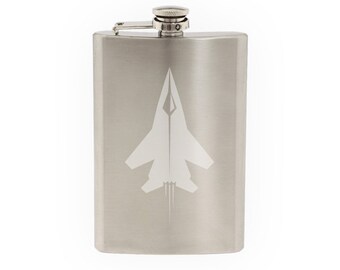 Flight Evolution - Modern Jetplane Stylized Outline - Etched 8 Oz Stainless Steel Flask