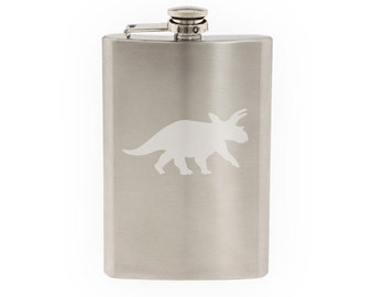 Dinosaur Silhouette #3 -Triceratops Horns and Crown - Etched 8 Oz Stainless Steel Flask