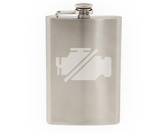 Car Garage Art #1 - Check Engine Maintenance Dashboard- Etched 8 Oz Stainless Steel Flask