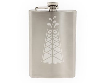 Industrial #8 - Oil Derrick Tower Fracking Spout Well- Etched 8 Oz Stainless Steel Flask