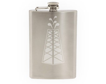 Industrial #8 - Oil Derrick Tower Fracking Spout Well- Etched 8 Oz Stainless Steel Flask