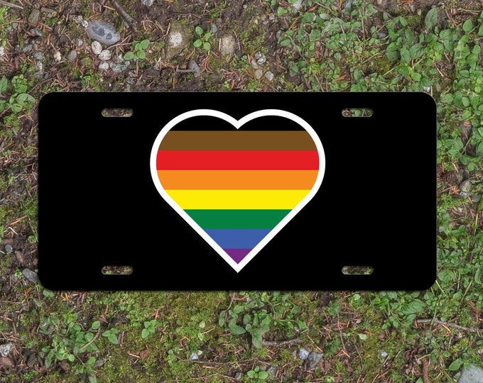 Heart Inclusive Pride Flag LGBTQ+ - Vibrant Color Aluminum License Plate (Black Plate)