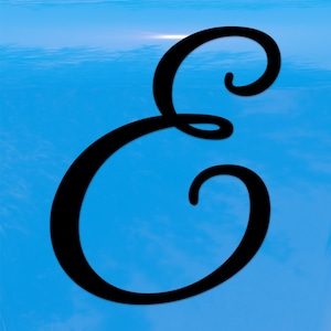 May include: A large, black letter "E" against a bright blue background with a gradient effect. The letter is in a cursive, elegant font, with a prominent swirl at the top and a curved bottom.