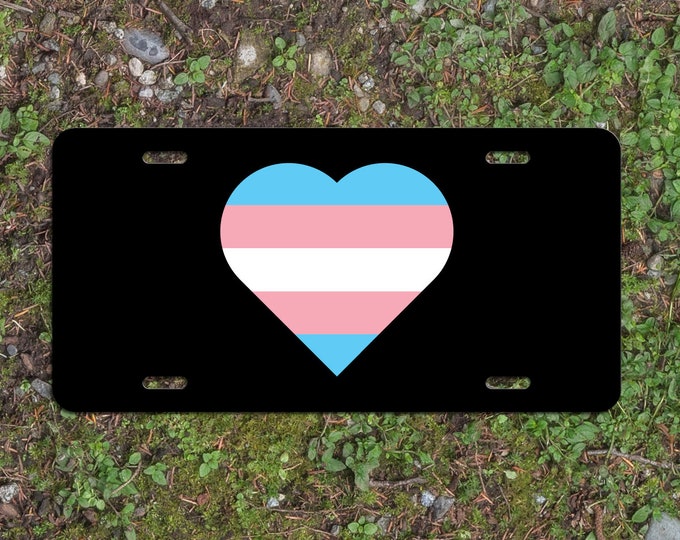 Heart Transgender Pride Flag LGBTQ+ - Vibrant Color Aluminum License Plate (Black Plate)