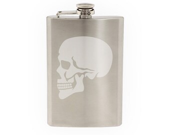 Human Skull - Halloween Scary Face Bone Skeleton Boo- Etched 8 Oz Stainless Steel Flask