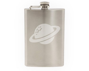Space Icon- Ringed Planet Saturn Toon Extraterrestrial- Etched 8 Oz Stainless Steel Flask