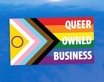 Queer Owned Business Intersex Progress Pride Flag LGBTQ POC Trans White Text - Vibrant Color Vinyl Decal Sticker