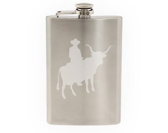 Cowboy silhouette #10 - Cattle Farmer Bull Rider - Etched 8 Oz Stainless Steel Flask