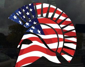 American Flag Spartan Helmet Facing Left - Vinyl Decal for Outdoor Use on Cars, ATV, Boats, Windows and More