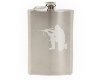 Hunting Rifle Aim #11- Deer Duck Hunt Chasing Tail- Etched 8 Oz Stainless Steel Flask