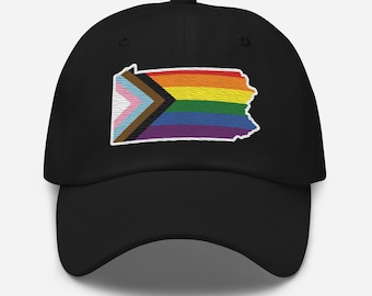 Pennsylvania State Shape Progress Pride Flag Hat – Vibrant LGBTQ+ POC Transgender Embroidered Dad Hat