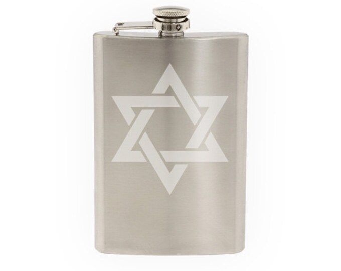 Star Design #3 - Star Of David Jewish Hebrew Symbol- Etched 8 Oz Stainless Steel Flask