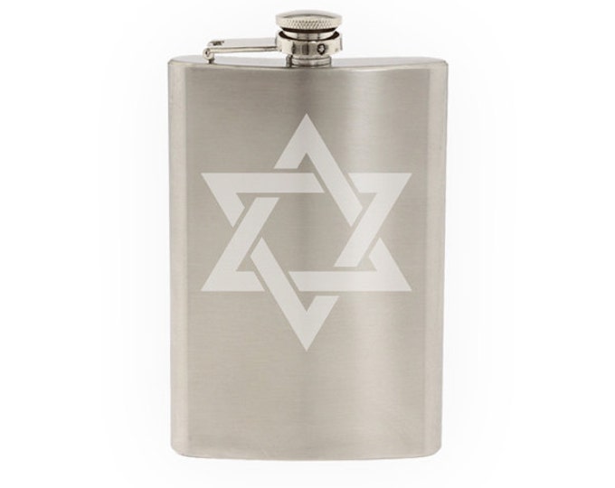 Star Design #3 - Star Of David Jewish Hebrew Symbol- Etched 8 Oz Stainless Steel Flask