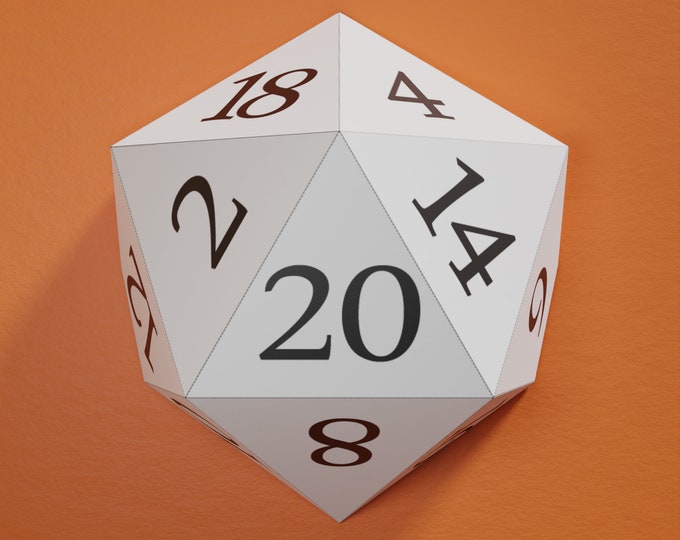 D20 Wall Mount Papercraft Model 3d Craft Template - Size 9 inches Tall - Digital Download - Includes Outlined and Solid Number Versions