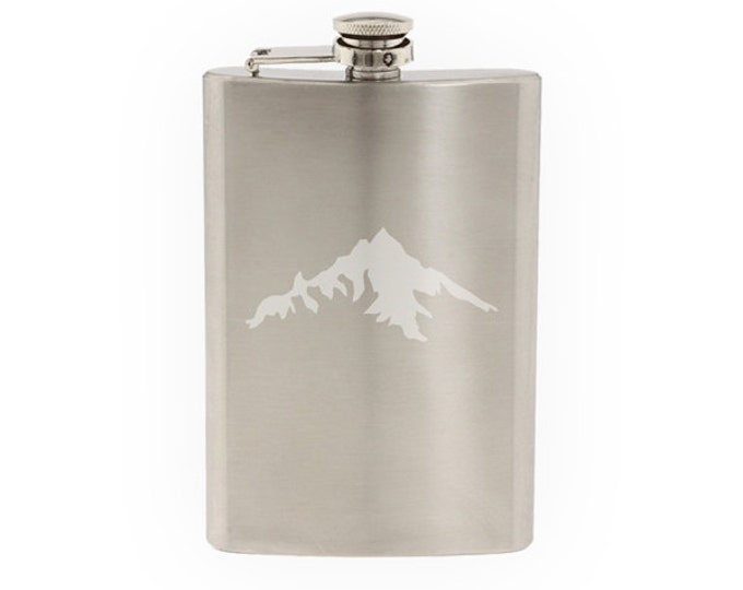 Landscape Decor - Mountain Range Silhouette Shadow Version 5 - Etched 8 Oz Stainless Steel Flask