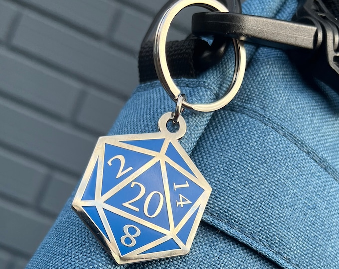 Blue and Silver D20 Dice DnD Enamel Keychain with Keyring