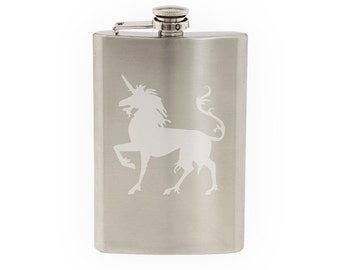 Mythical Creature- Unicorn 2 European Folklore Symbol- Etched 8 Oz Stainless Steel Flask