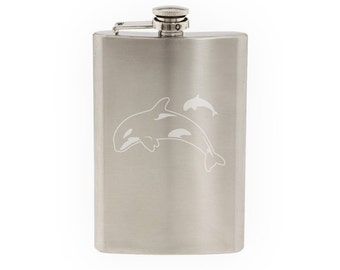 Marine Life Biology - Orca Killer Whales Jumping - Etched 8 Oz Stainless Steel Flask