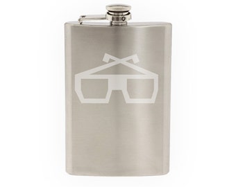 Cinema Home Theater Pt. 5 -3D Glasses Outline Silhouette - Etched 8 Oz Stainless Steel Flask