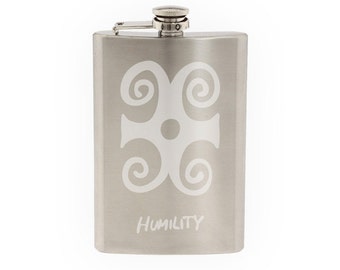Adinkra Akan #3 - Humility African Sign Symbology - Etched 8 Oz Stainless Steel Flask