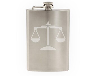 Scales of Justice - Law Balance Support and Opposition- Etched 8 Oz Stainless Steel Flask