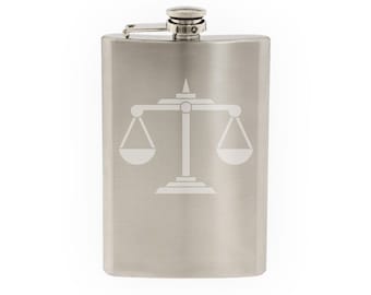 Scales of Justice - Law Balance Support and Opposition- Etched 8 Oz Stainless Steel Flask