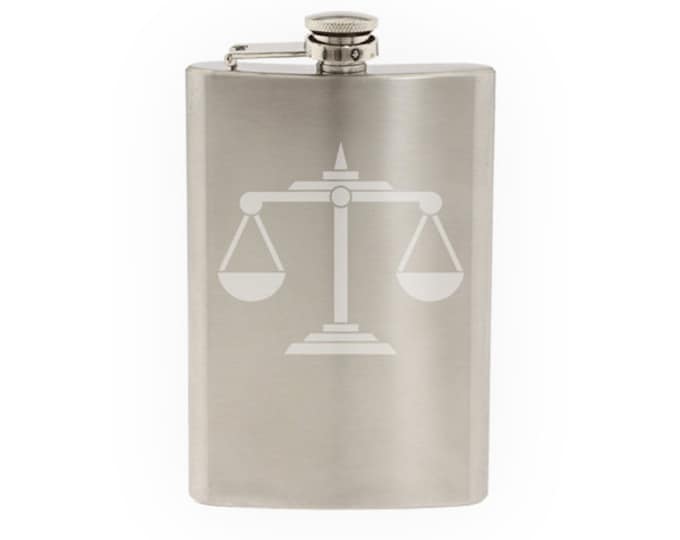 Scales of Justice - Law Balance Support and Opposition- Etched 8 Oz Stainless Steel Flask