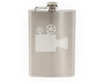 Cinema Home Theater Pt. 2- Cartoon Style Film Projector - Etched 8 Oz Stainless Steel Flask