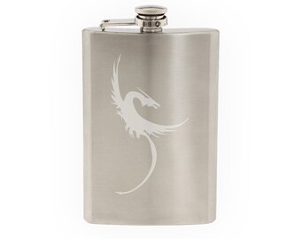 Mythical Creature - Dragon #2 European Winged Heraldic- Etched 8 Oz Stainless Steel Flask