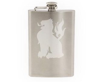 Mythical Creature- Lion European Folklore Herald Symbol- Etched 8 Oz Stainless Steel Flask