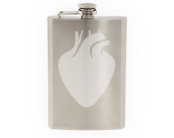 Medical #8 - Heart Rate BPM Health Fitness Physical Exercise- Etched 8 Oz Stainless Steel Flask