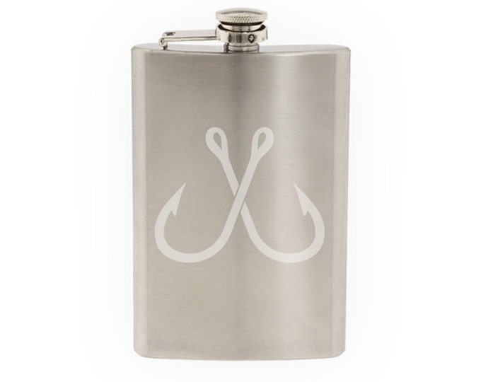Crossed Fishing Hook Sport Fisherman Boating Bass Trout - Etched 8 Oz Stainless Steel Flask