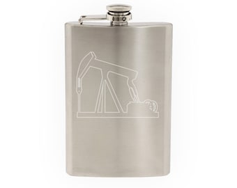 Industrial #9 - Oil Natural Gas Well Petroleum Rig- Etched 8 Oz Stainless Steel Flask
