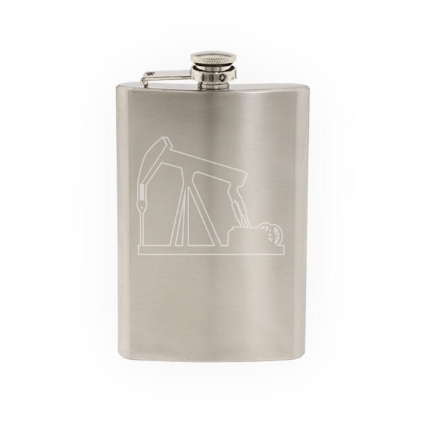 Industrial #9 - Oil Natural Gas Well Petroleum Rig- Etched 8 Oz Stainless Steel Flask