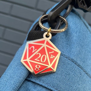 Red and Gold D20 Dice DnD Enamel Keychain with Keyring image 3