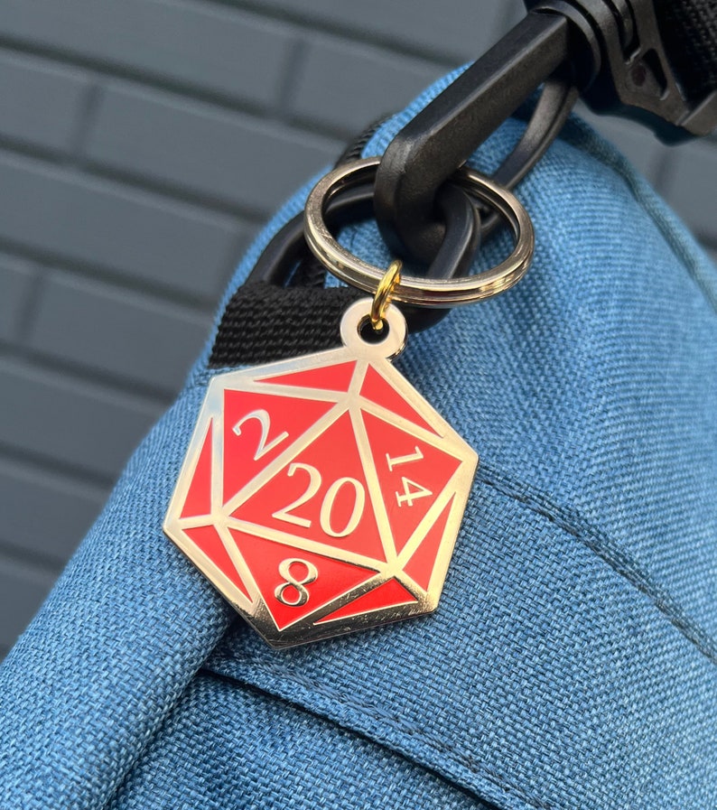 Red and Gold D20 Dice DnD Enamel Keychain with Keyring image 3