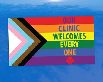 Our Clinic Welcomes Everyone Progress Pride Flag Heart Paw - Vibrant Color Vinyl Decal Sticker
