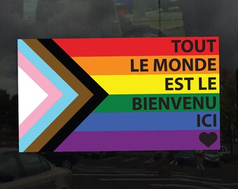 Tout le monde est le bienvenu ici Progress Pride Flag POC Transgender - Vibrant Color Static Cling Window Cling - Use Indoor and Outdoor!