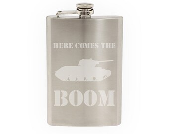 World War Two #8 - Tank Heavy Armored Artillery Battlefield - Etched 8 Oz Stainless Steel Flask