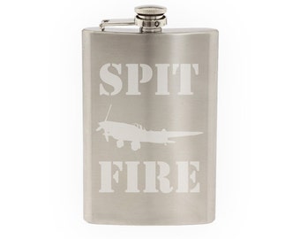 World War Two #1- Propeller Airplane Fighter Spitfire - Etched 8 Oz Stainless Steel Flask