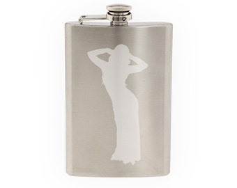 Contour Silhouette- Dancing Woman Girl Version 7 Shadow - Etched 8 Oz Stainless Steel Flask