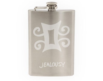 Adinkra Akan #4 - Jealousy African Sign Symbology- Etched 8 Oz Stainless Steel Flask