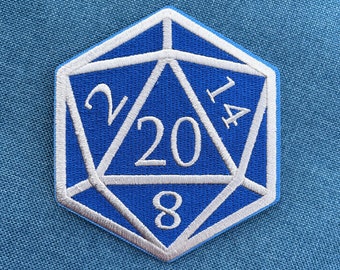 Blue and Silver D20 Dice DnD Die - 4 inch Iron-on Patch