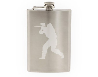 Sport Silhouette - Paintball Marker Player Version 1 - Etched 8 Oz Stainless Steel Flask