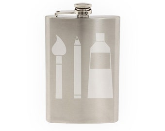 Art Icon #5 - Art Supply Display Design Paint Pencil Brush - Etched 8 Oz Stainless Steel Flask